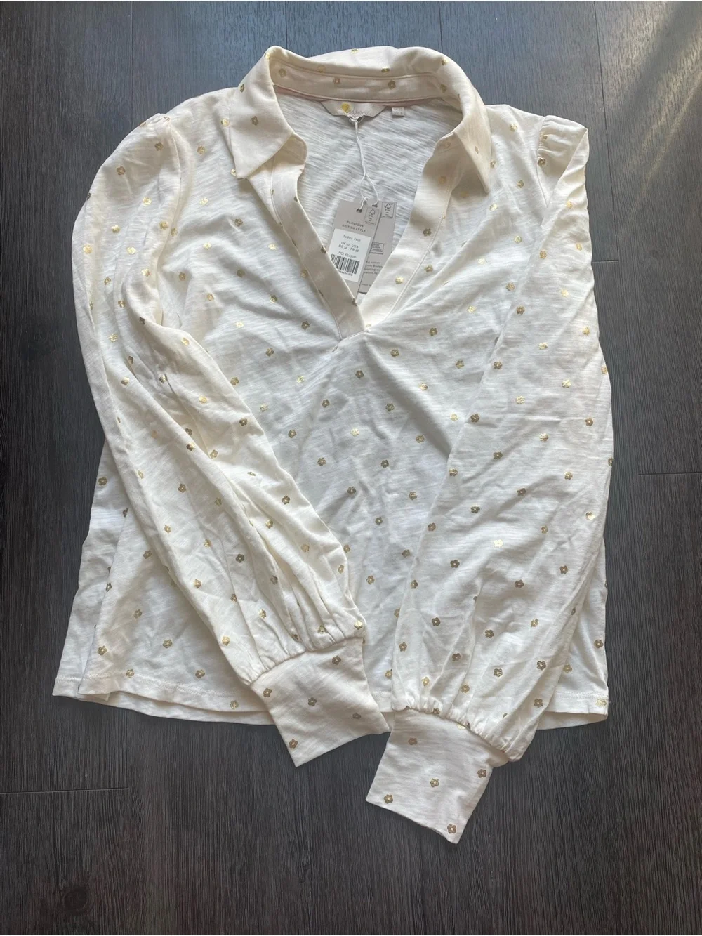 Boden 6 Collared Notch Neck Lightweight Cotton Blouse with Gold Polka Dots Med